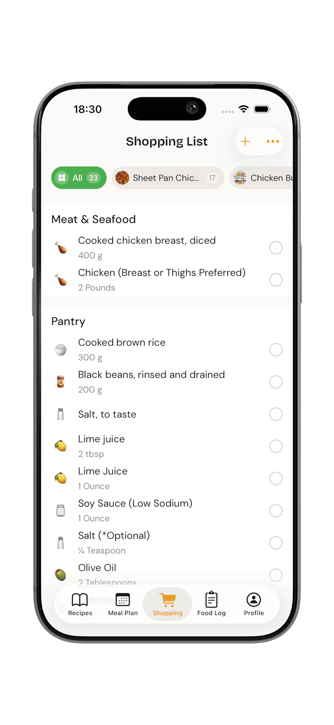 Smart shopping lists from your plan